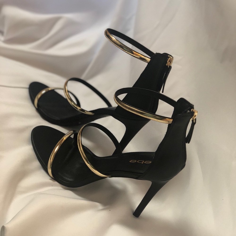 bebe Sexy Black Heels with Gold